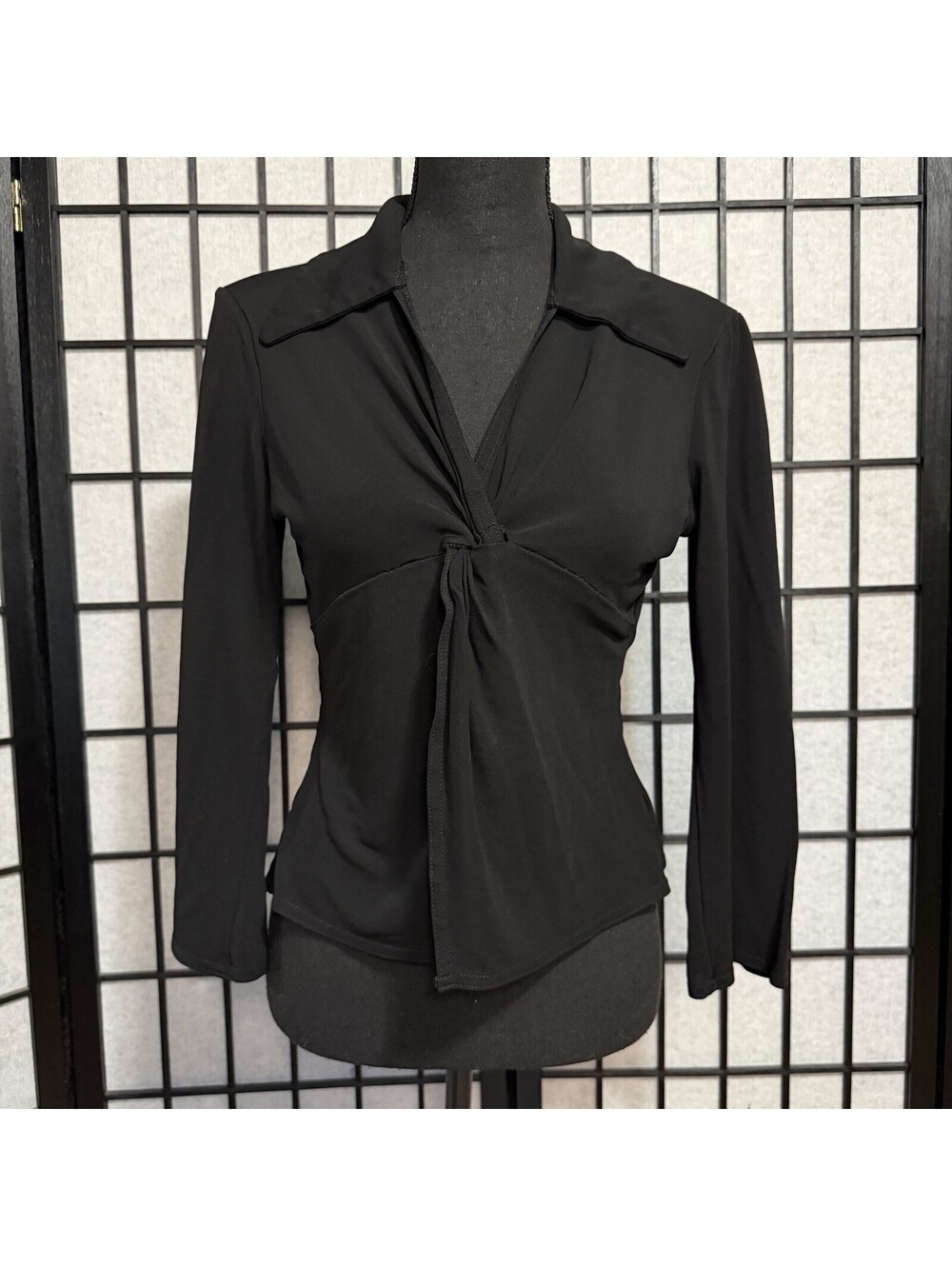 Laundry by Shelli Segal Black Twist Front Long Sleeve Top Collared Sz L